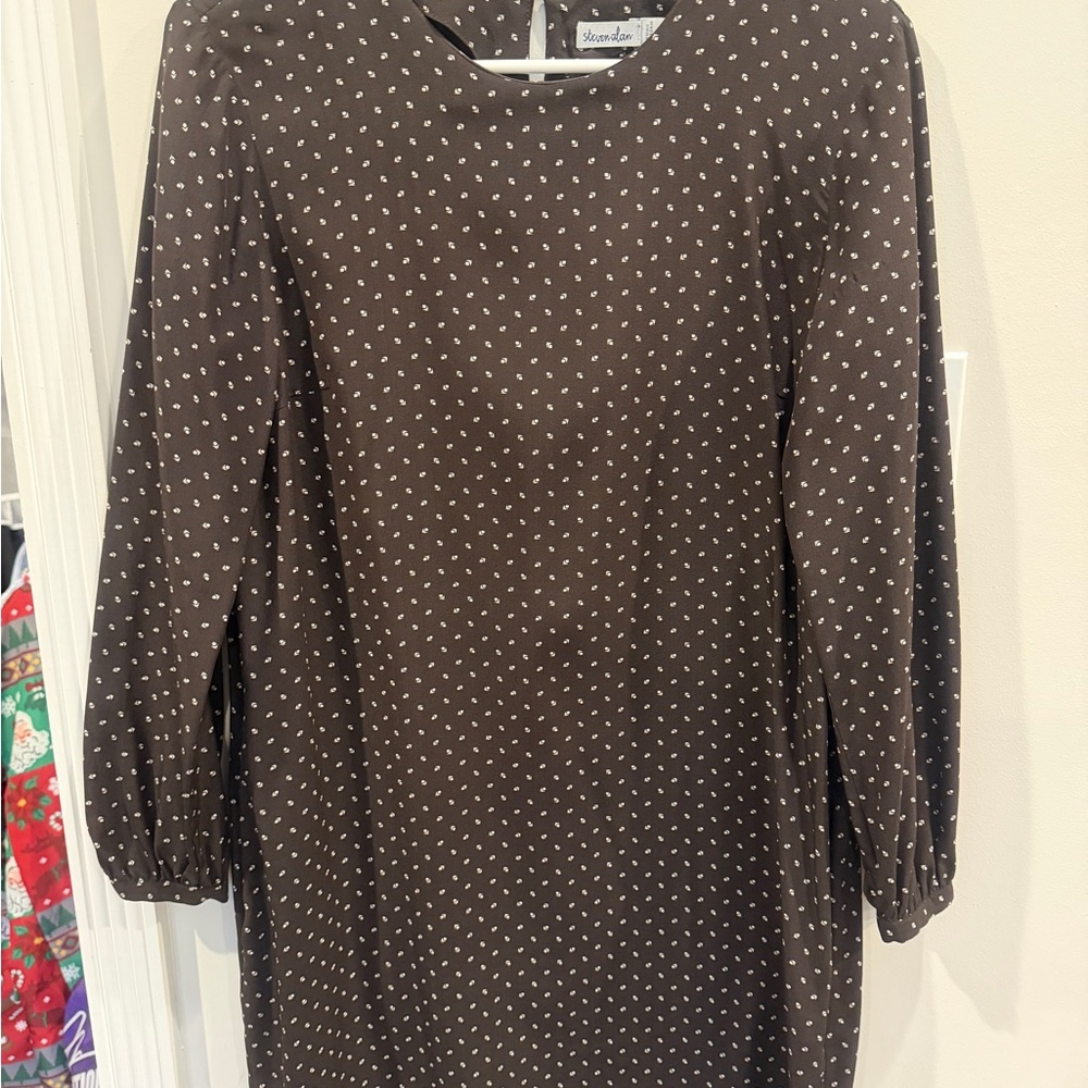 Steven Alan Brown Long Sleeve pure silken shift Dress with little flowers